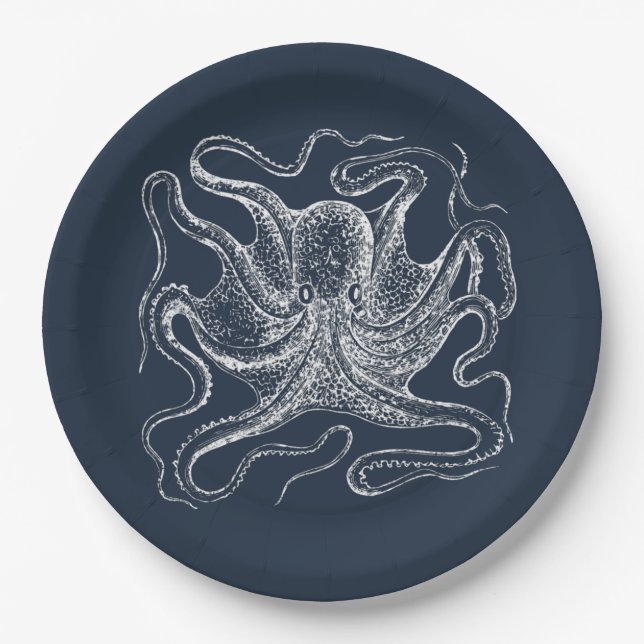 Plato De Papel Elegante Ilustracion de pulpo azul de la Marina (Anverso)