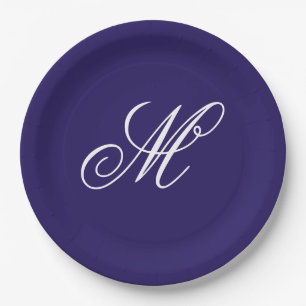 Plato De Papel Elegante Inicial de Monograma en Azul Marino 