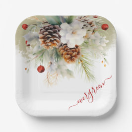 Plato De Papel Elegante invernal de color de agua evergreen Baby