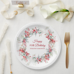 Plato De Papel Elegante invierno Berry Botánico 90 cumpleaños