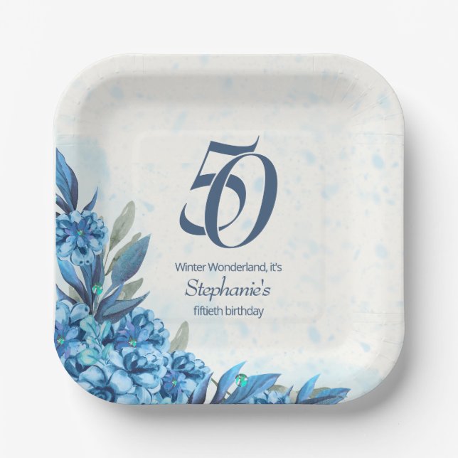 Plato De Papel Elegante invierno Flores blancas azules 50 cumplea (Anverso)