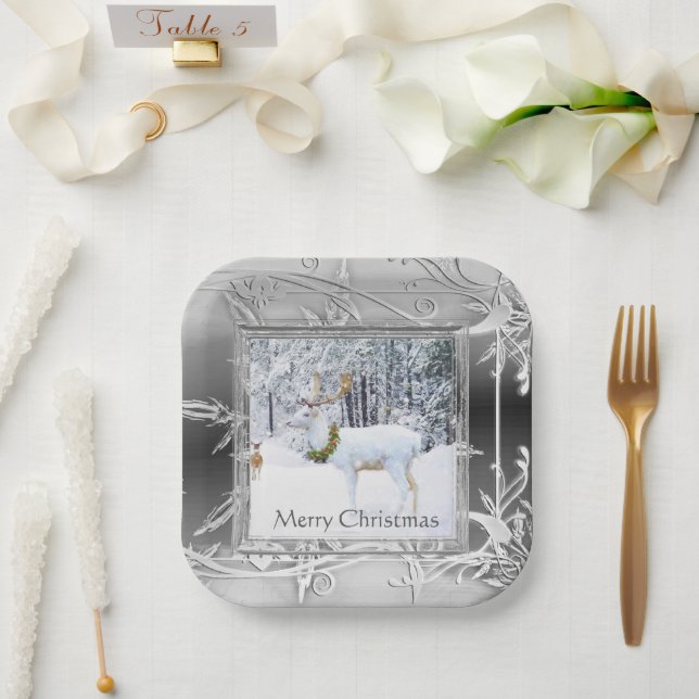 Plato De Papel Elegante invierno Navidades de Wonderland Deer (Boda)