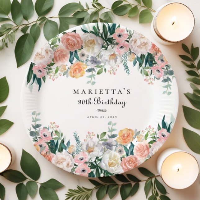 Plato De Papel Elegante Jardín Floral Vegetación 90 cumpleaños (Subido por el creador)