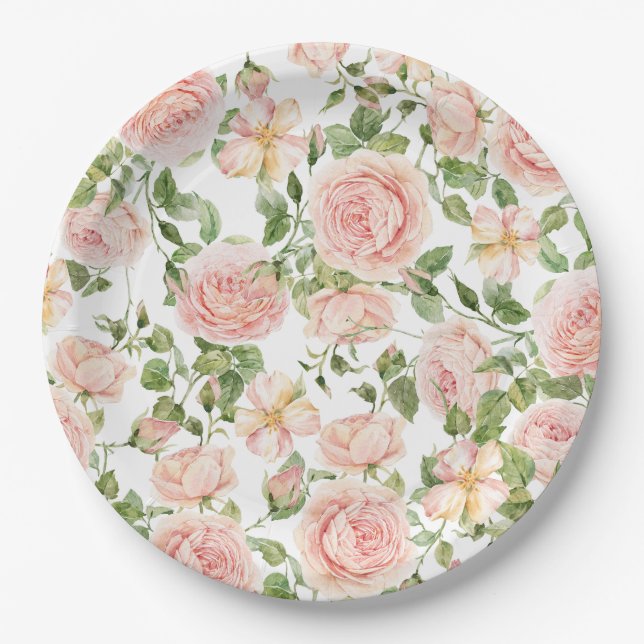 Plato De Papel Elegante jardín rosa rosa (Anverso)