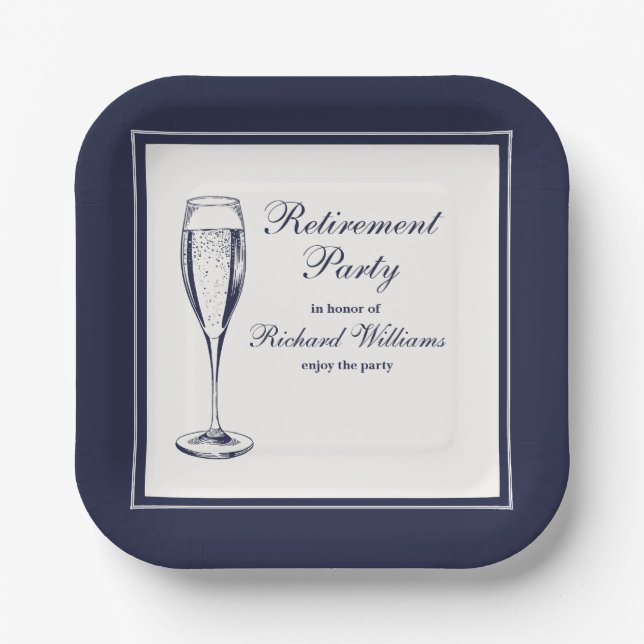Plato De Papel Elegante Jubilación Formal Oscura Bleu Blanca (Anverso)