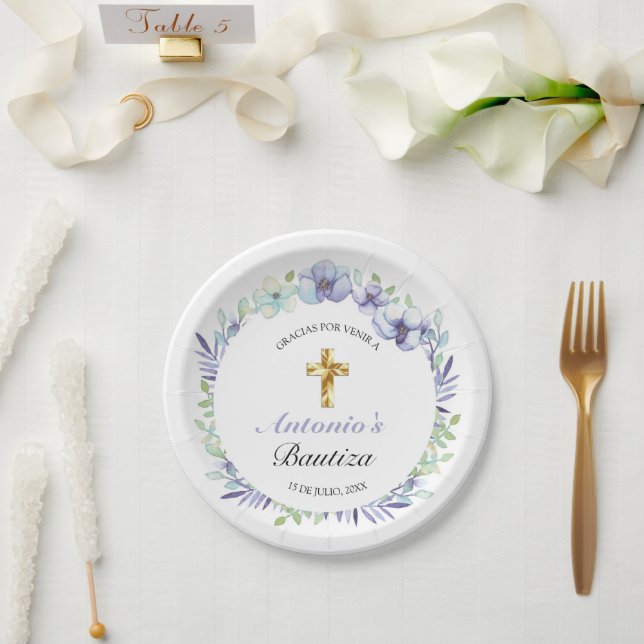 Plato De Papel Elegante Lavanda Cruz De Oro Bautizo (Boda)