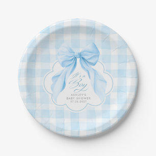 Plato De Papel Elegante lazo gingham azul para baby shower de niñ