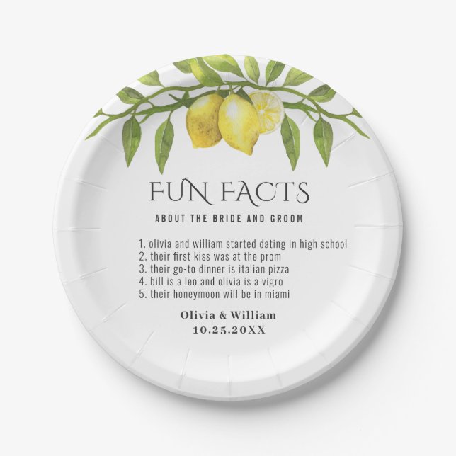Plato De Papel Elegante Lemons Greenery Fun Facts Boda (Anverso)