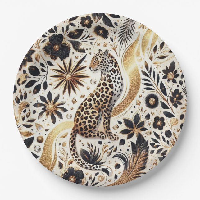 Plato De Papel Elegante leopardo negro y purpurina dorado (Anverso)
