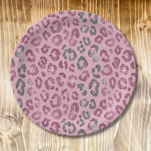 Plato De Papel Elegante Leopardo Rosa Plateado con Brillo sobre F