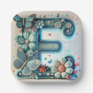 Plato De Papel Elegante letra floral E con mariposas