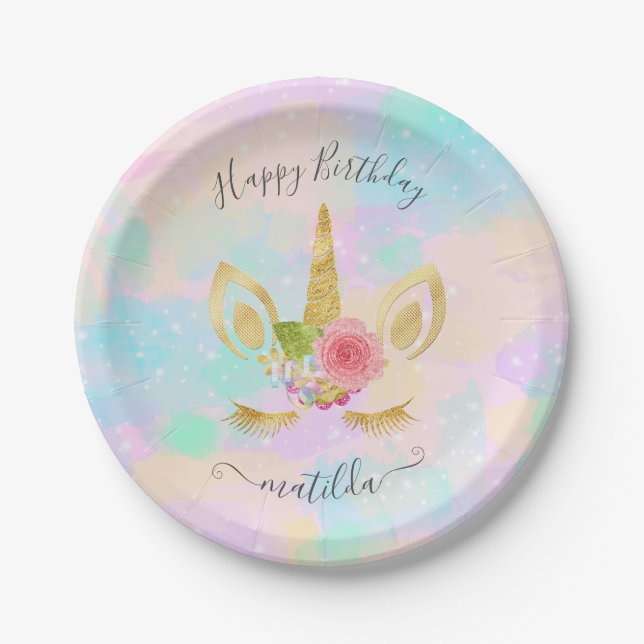 Plato De Papel Elegante lindo purpurina de oro Feliz Cumpleaños u (Anverso)