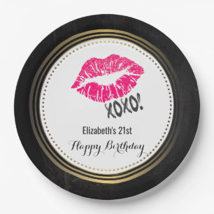 Plato De Papel Elegante Lips de Besada Rosa con xoxo! Cumpleaños