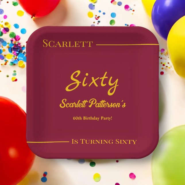 Plato De Papel Elegante Lujo Borgoña Y Dorado Aniversario Moderno (Subido por el creador)