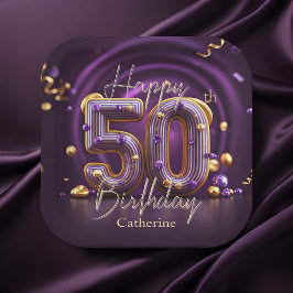 Plato De Papel Elegante lujoso morado y dorado 50 cumpleaños