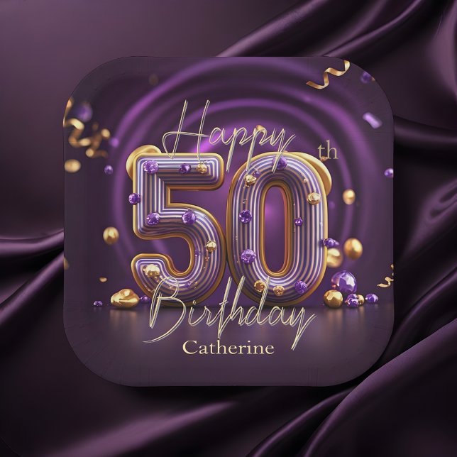 Plato De Papel Elegante lujoso morado y dorado 50 cumpleaños (Subido por el creador)