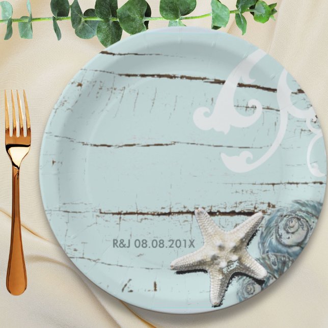 Plato De Papel Elegante madera BLue Seashells Beach Wedding Favor (Elegant wood BLue Seashells Beach Wedding favor Paper Plates)