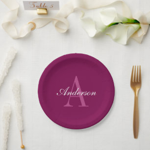 Plato De Papel Elegante Magenta rojo, rosa y blanco nombre y mono