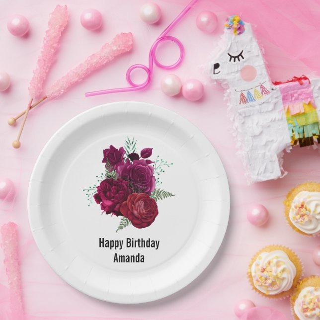 Plato De Papel Elegante Magenta Rosa Floral Bouquet Cumpleaños (Fiesta)