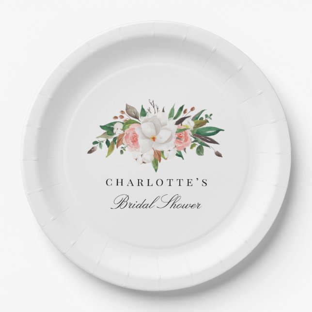 Plato De Papel Elegante Magnolia Floral Bridal Shower (Anverso)