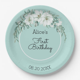 Plato De Papel Elegante Magnolia White Pastel Verde Primer cumple