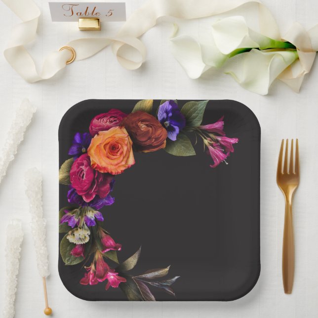 Plato De Papel Elegante Malhumorado Vibrante Floral de Cosecha en (Boda)