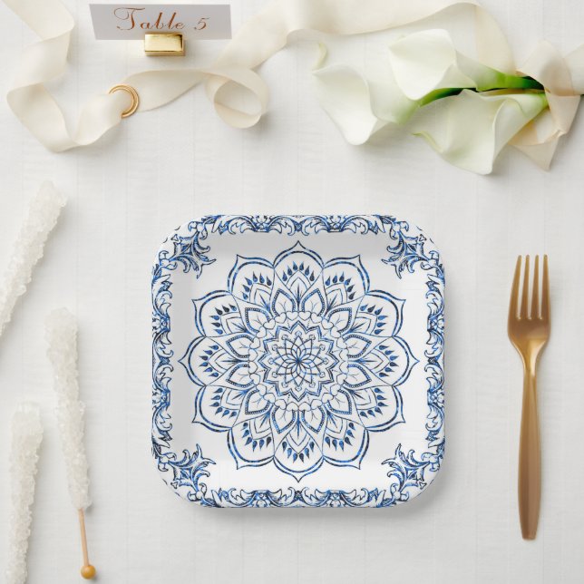Plato De Papel Elegante manala azul metálico (Boda)