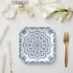 Plato De Papel Elegante Mandala Metálico Azul