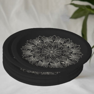 Plato De Papel Elegante Mandala Moda india Boho Boda negro