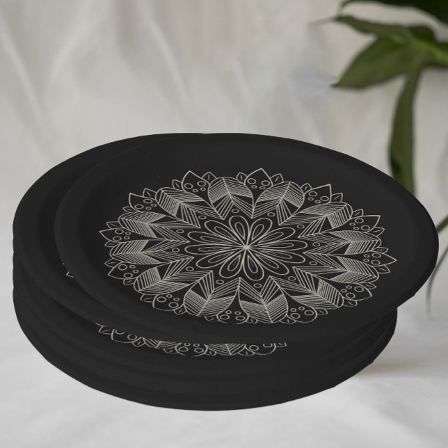Plato De Papel Elegante Mandala Moda india Boho Boda negro (Subido por el creador)