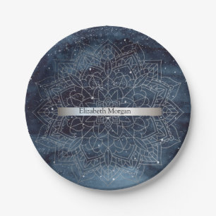 Plato De Papel Elegante mandala moderno de plata con franja azul 