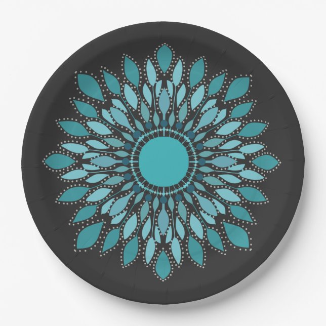 Plato De Papel Elegante Mandala Verde azulado Lotus Flower (Anverso)