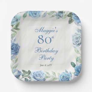 Plato De Papel Elegante marco floral azul Rosa 80º cumpleaños