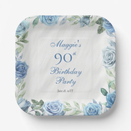 Plato De Papel Elegante marco floral azul Rosa 90 cumpleaños