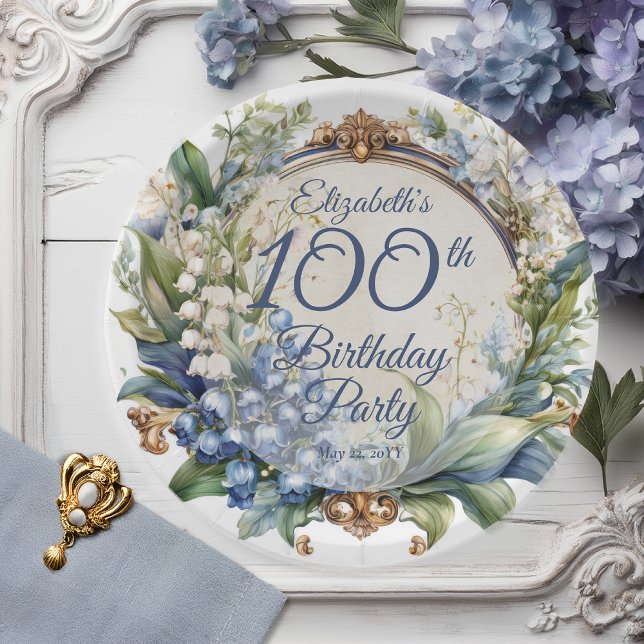 Plato De Papel Elegante marco floral barroco 100 cumpleaños (Elegant Baroque Lily of the Valley and Hawthorn Floral Frame 100th Birthday Party Paper Plates)