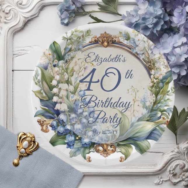 Plato De Papel Elegante marco floral barroco 40 cumpleaños Fiesta (Elegant Baroque Lily of the Valley and Hawthorn Floral Frame 40th Birthday Party Paper Plates)