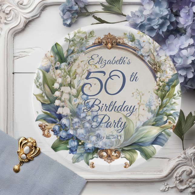 Plato De Papel Elegante marco floral barroco 50 cumpleaños (Elegant Baroque Lily of the Valley and Hawthorn Floral Frame 50th Birthday Party Paper Plates)