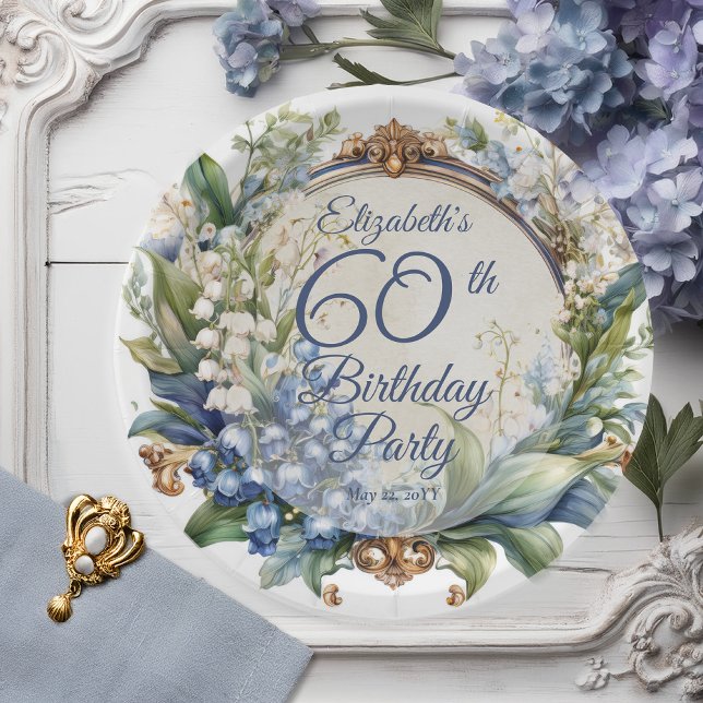 Plato De Papel Elegante marco floral barroco 60 cumpleaños (Elegant Baroque Lily of the Valley and Hawthorn Floral Frame 60th Birthday Party Paper Plates)