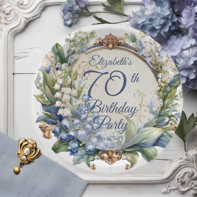 Plato De Papel Elegante marco floral barroco 70º cumpleaños (Elegant Baroque Lily of the Valley and Hawthorn Floral Frame 70th Birthday Party Paper Plates)