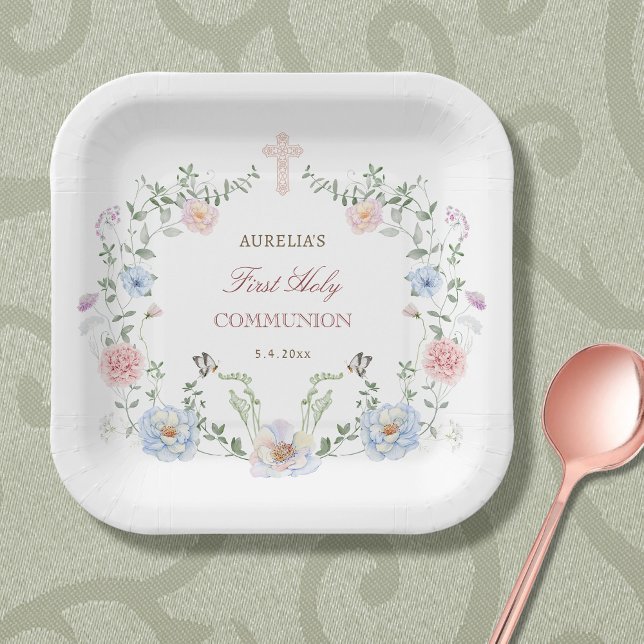 Plato De Papel Elegante Marco Floral Primera Comunión (Subido por el creador)