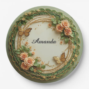 Plato De Papel Elegante marco floral verde con rosas rosadas
