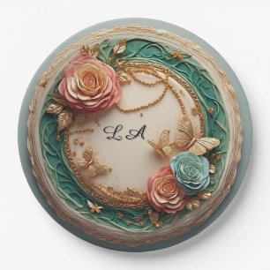 Plato De Papel Elegante marco floral verde con rosas rosadas