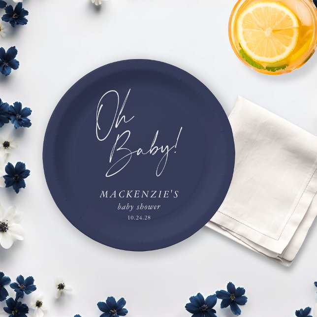 Plato De Papel Elegante Marina Azul Oh Bebé Baby Shower (Elegant Navy Blue Oh Baby Baby Shower Paper Plates)