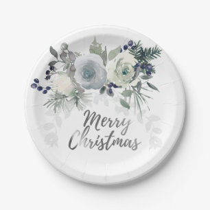 Plato De Papel Elegante Marina Azul Rosa Blanca Feliz Navidad