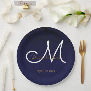 Plato De Papel Elegante Marina Oscura Azul Oro Blanco Monograma F