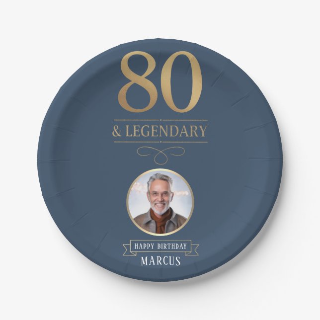 Plato De Papel Elegante marina y oro 80 y legendario cumpleaños (Anverso)