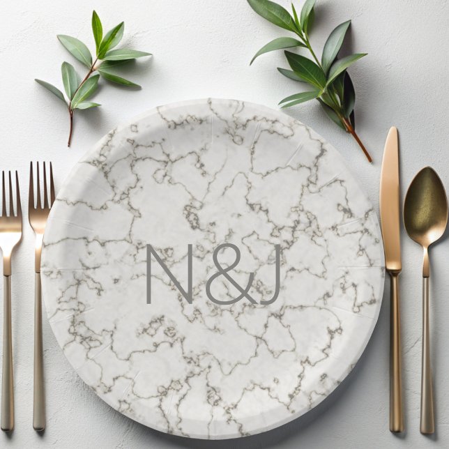 Plato De Papel Elegante Mármol Gris Moderno Monograma Placas de p (An elegant gray marble paper plate with space for your initials)