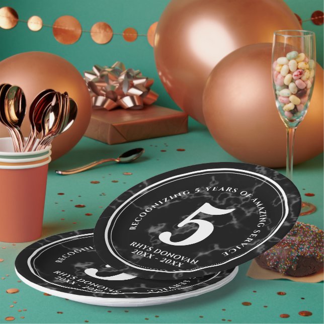 Plato De Papel Elegante mármol negro 5 años de trabajo aniversari (Multi)