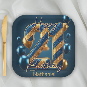 Plato De Papel Elegante Medianoche Azul y Gold Striped 21 cumplea