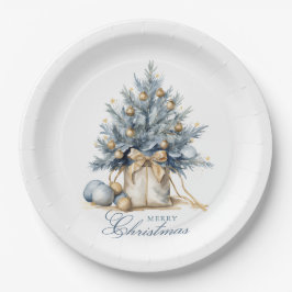 Plato De Papel Elegante Merry Christmas Tree Gold Blue Watercolor